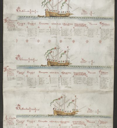 添加 MS 22047 f.4r 大帆船《独角兽》和《燕子》，选自《安东尼卷 作者 英语学校