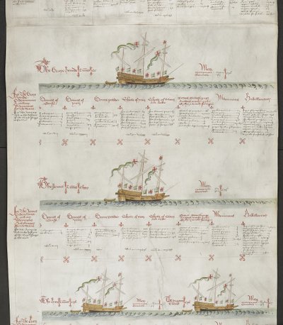 添加 MS 22047 f.6r Galleasses：灰狗》、《珍妮特》、《狮子》和《龙》，选自《安东尼卷 作者 英语学校