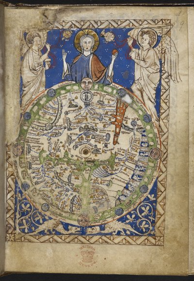 添加 MS 28681 f.9 《诗篇》，附加赞美诗、祈祷文和中世纪世界地图（"地图诗篇"） 1262-70（牛皮纸上的墨水、彩色和金色图案） 作者 英语学校