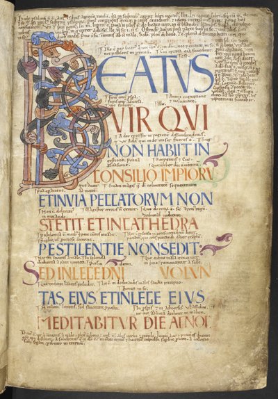 添加 MS 37517，f. 4r，"博斯沃思诗篇"（牛皮纸）中《诗篇》开篇的 Beatus-initial (Beatus vir)。 作者 英语学校