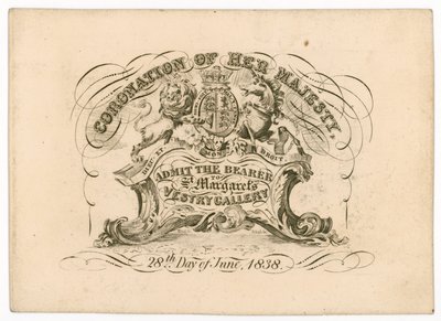 1838年6月28日，维多利亚女王的加冕礼，前往St Margarets Vestry画廊的入场券 作者 英语学校