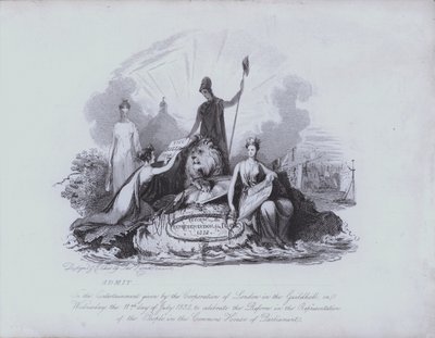 伦敦金融城公司为庆祝下议院通过 1832 年大改革法案而提供的市政厅娱乐门票（蚀刻版） 作者 英语学校