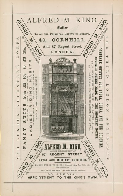 广告为Alfred M Kino，裁缝，40 Cornhill和伦敦摄政街87号 作者 英语学校