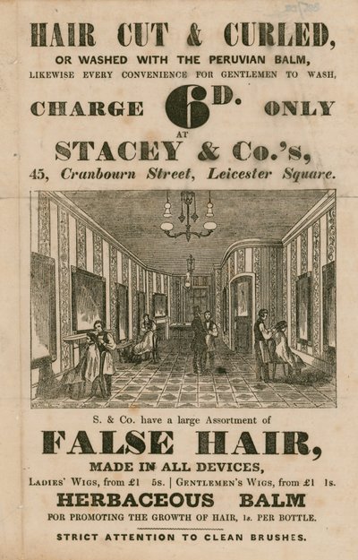 广告为Stacey＆Co.s，45 Cranbourne Street，Leicester Square，London，hair dressers 作者 英语学校