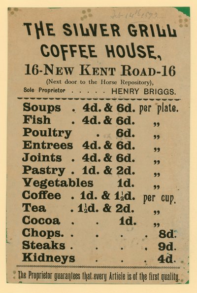 广告为The Silver Grill Coffee House，16 New Kent Road，London 作者 英语学校