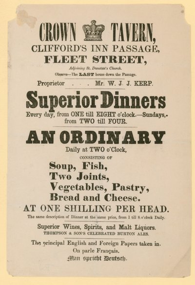 Crown Tavern，Cliffords Inn Passage，Fleet Street，London的广告 作者 英语学校