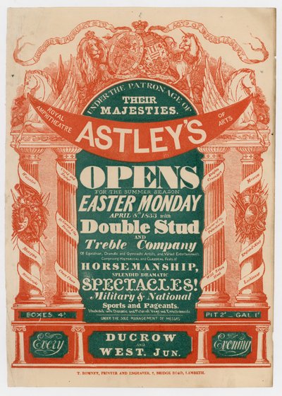 Astleys Amphitheatre的广告，夏季开放，1833年4月8日 作者 英语学校