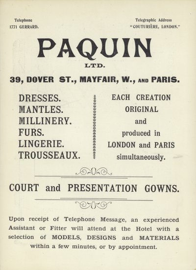 Paquin，服装制造商的广告 作者 英语学校