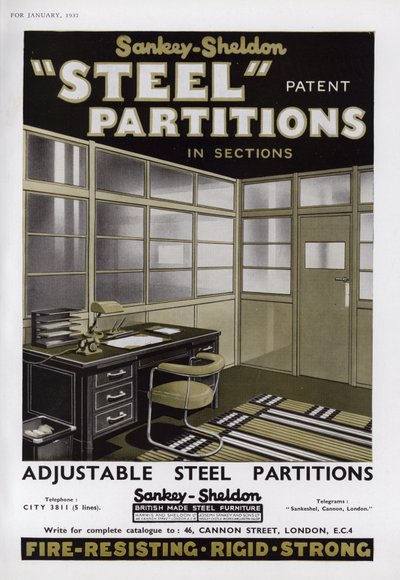 1937年Sankey-Sheldon Steel Partitions的广告 作者 英语学校