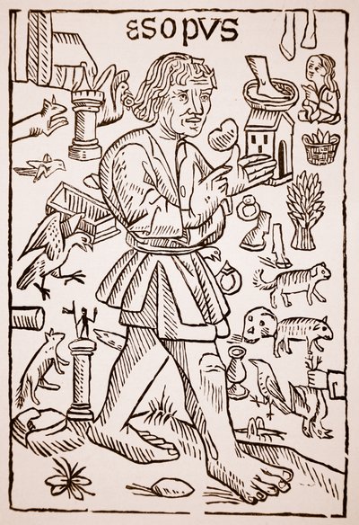 Aesop，威廉·卡克斯顿（C.1422-91），1434年（深棕色照片）给Aesops Fables的正面 作者 英语学校