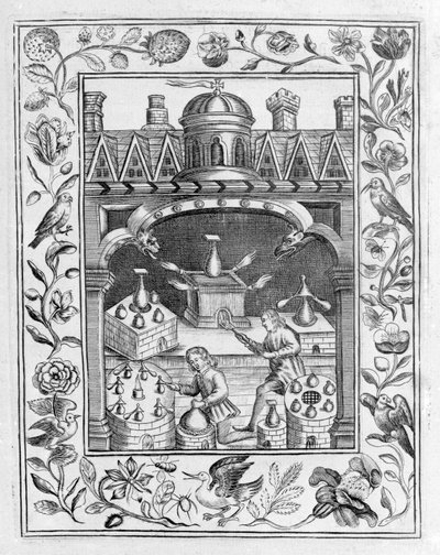炼金实验室展示各种形式的炉子和容器，取自Theatrum Chemicum Britannicum，作者：Elias Ashmole，1652 作者 英语学校