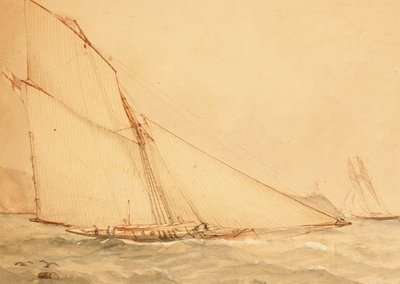 一艘八米长的顶帆帆船，皇家游艇队，约1860年（纸上水彩）。 作者 英语学校