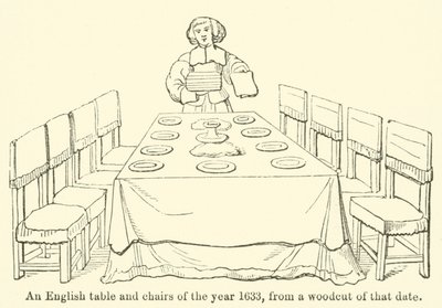 1633 年的英式桌椅，来自那个日期的木刻（雕刻） 作者 英语学校