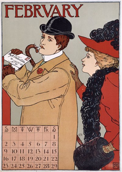 An elegant couple (man posts a letter), English calendar image, month of February, n.d. late 19th century. 作者 English School
