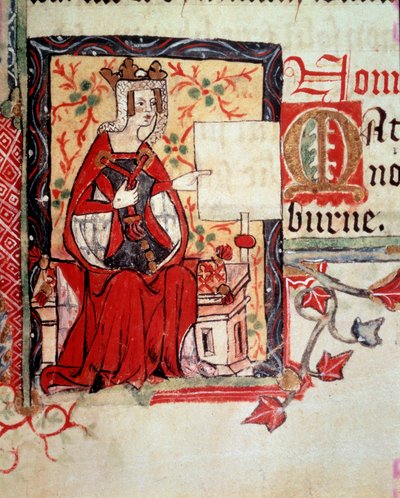 一幅表现英格兰王后玛蒂尔德（Mathilde the Emperesse，约 1102-1167 年）的插图，又称英格兰的莫德和玛蒂尔德，她是神圣帝国亨利五世的妻子，取材自圣奥尔本斯修道士所著的《盎格鲁历史》一书。 作者 英语学校
