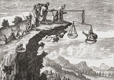 这是一种向罪犯逼供的不寻常方法，源自 Theodorus de Bry 的 16 世纪绘画。 这一幕展示了罪犯坐在不公正的天平上，而牧师则俯身在悬崖上准备接受他的忏悔。 大概 作者 英语学校