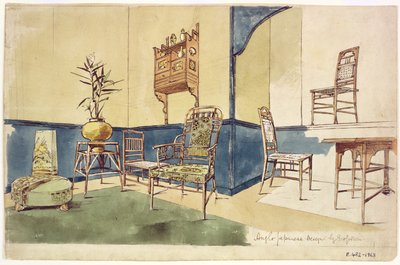 英国日式家具设计由Edward William Godwin设计（1833-86）c.1860（纸上wc） 作者 英语学校