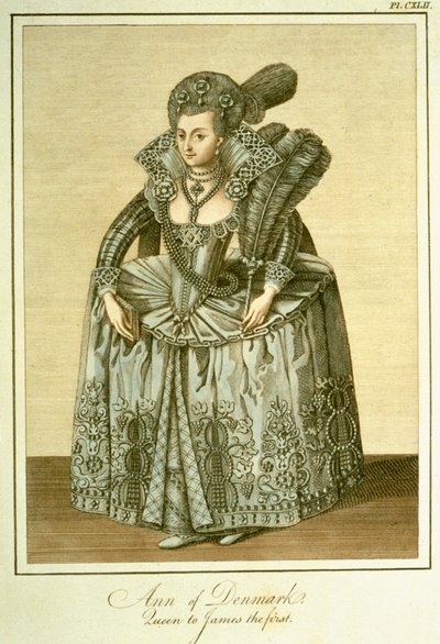 丹麦的安妮（1574-1619）詹姆斯一世的妻子，插图来自英格兰人民服饰和习惯的完整视图第二卷，1799年出版 作者 英语学校