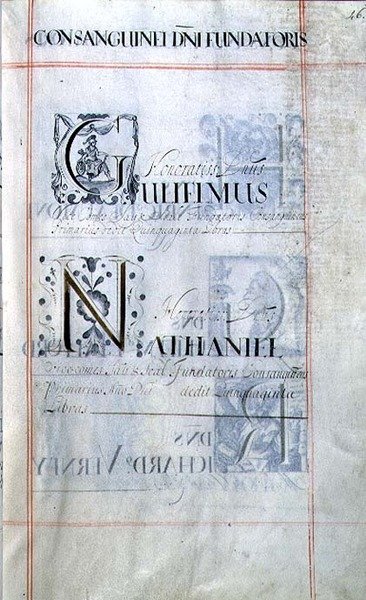 档案 3693 f.46 列出牛津大学新学院的三位赞助人的页面。Gulielmus, Nathaniel, 摘自捐赠书 作者 英语学校