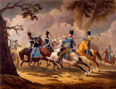 奥地利步兵从普鲁士Hu骑兵手中捍卫他们的炮兵，从1799年至1802年发布的拿破仑战役中的盟军系列骑兵行动（手工彩色版画） 作者 英语学校