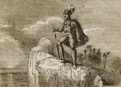 巴尔博亚1513年的太平洋第一眼，1838年出版的“旅行者的故事或世界观”的插图（版画） 作者 英语学校
