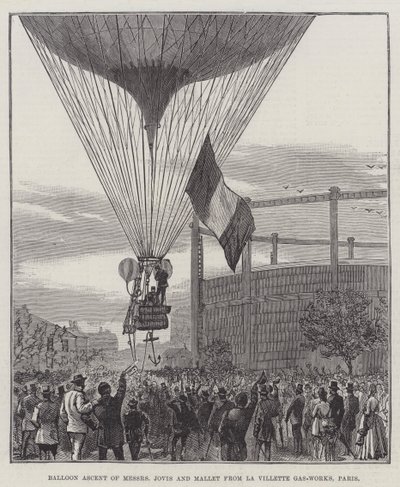 来自巴黎 La Villette Gas-Works 的 Messers Jovis 和 Mallet 的气球上升（雕刻） 作者 英语学校