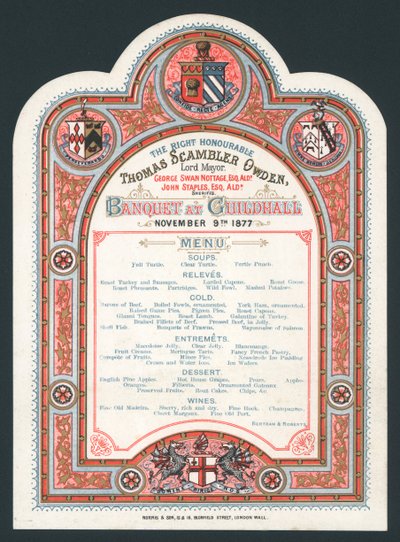 1877年11月9日，Guildhall宴会，菜单 作者 英语学校