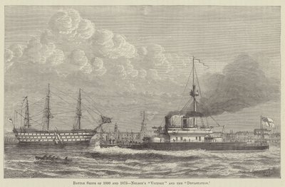 1800 年和 1875 年的战舰，纳尔逊的 "胜利 "号和 "毁灭 "号（雕刻） 作者 英语学校