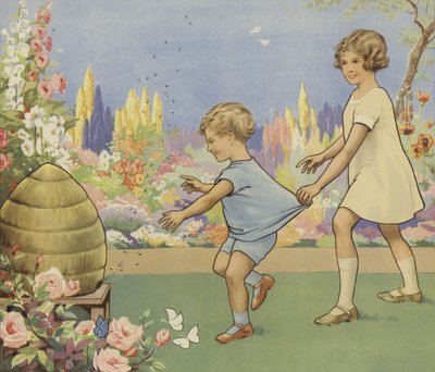 花园里的蜂巢（彩色平版印刷）。 作者 英语学校