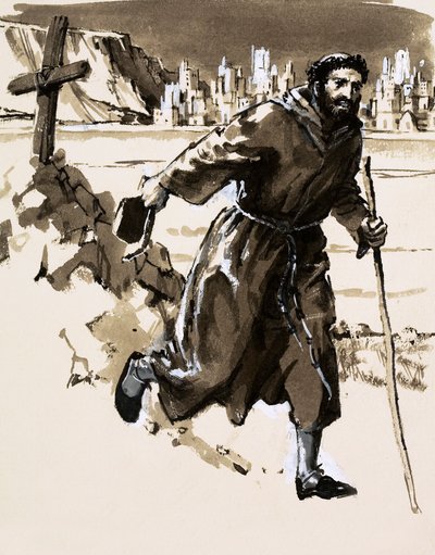 Believing he had discovered El Dorado, a Friar erected a cross to claim the shining city (gouache on paper) 作者 英语学校