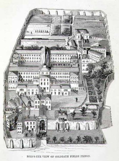 冷水田监狱的鸟瞰图，出自亨利-梅休（1812-87）和约翰-宾尼的《伦敦的刑事监狱和监狱生活场景》。 作者 英语学校