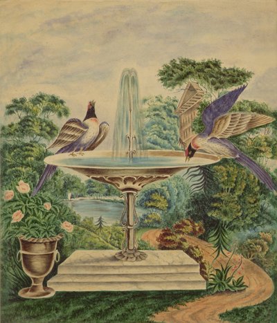 鸟类在景观公园的喷泉，1840年（纸上wc） 作者 英语学校