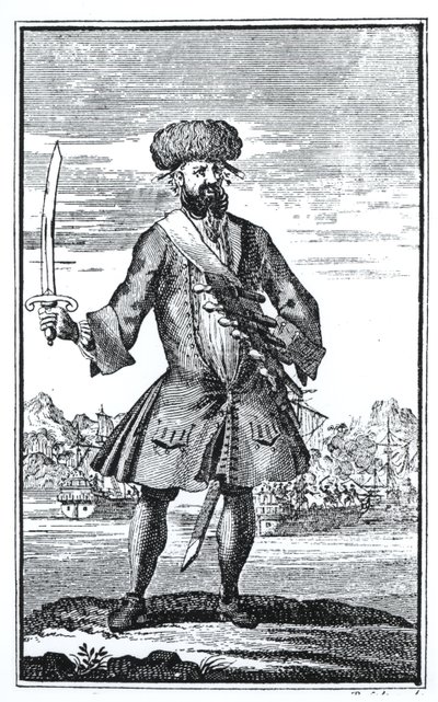 Blackbeard the Pirate，来自查理·约翰逊船长的最臭名昭着的海盗的谋杀和谋杀的通史，于1724年出版 作者 英语学校