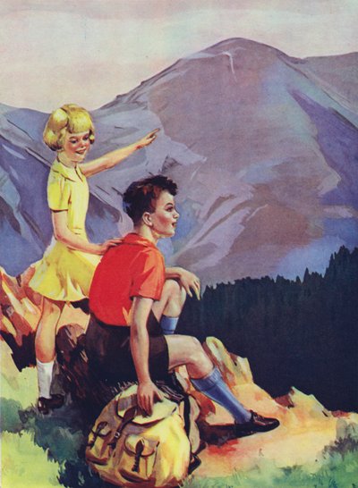 男孩和女孩在山中徒步旅行（彩色石版画） 作者 英语学校