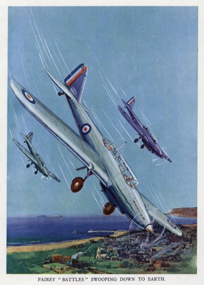 英国 Fairey Battle 轻型轰炸机向地面俯冲（彩色石版） 作者 英语学校