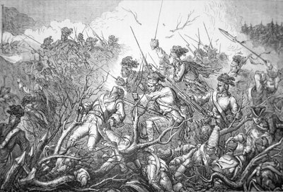 1758年7月8日英国对提康德罗加堡的攻击（雕刻）。 作者 英语学校