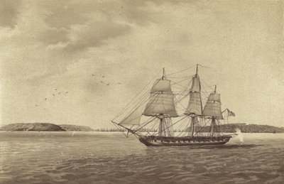 英国护卫舰 HMS Fisgard，由 Thmas Byam Martin 舰长指挥，在法国布列斯特附近侦察（石版）。 作者 英语学校