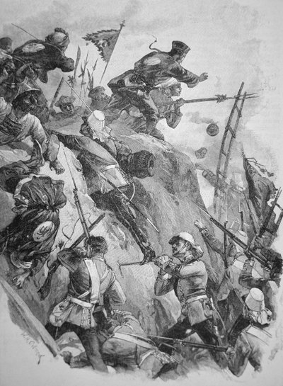 1860年鸦片战争期间，英国军队在中国攻打塔库要塞（石印）。 作者 英语学校