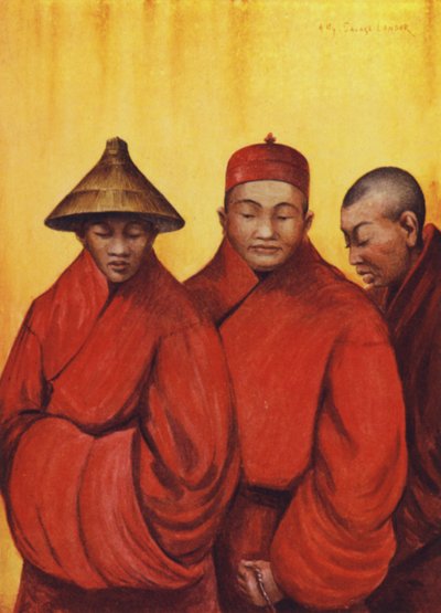 戴帽子的佛教僧侣。(彩色平版） 作者 英语学校