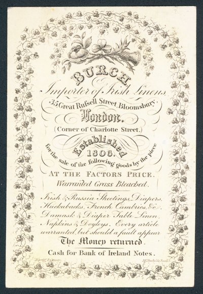 Burch，爱尔兰亚麻布的进口商，贸易卡 作者 英语学校