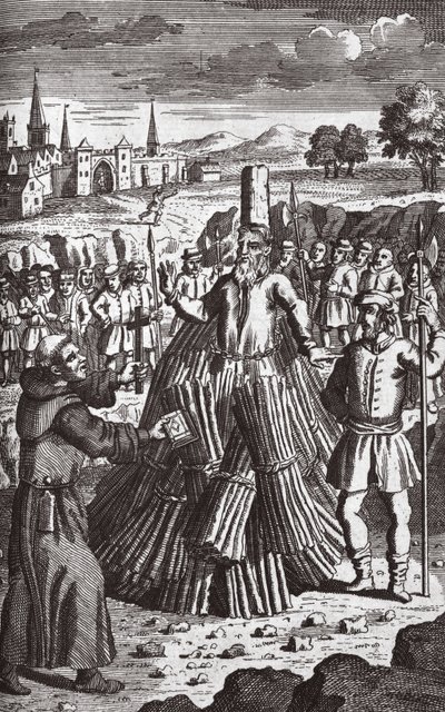 焚烧的殉道者，插图选自《狐狸殉道者》，约 1703 年（石版印刷）。 作者 英语学校