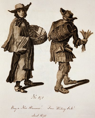 买一个新的年历！精美的书写墨水！，街头卖家的插图在1675年左右 作者 英语学校