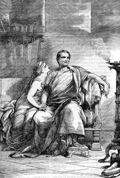 卡尔普尼亚（Calpurnia Pisonis）和凯撒--儒勒-凯撒--《凯撒大帝的悲剧》--《威廉-莎士比亚全集》中的插图，1866年--本版的插图和一般形式借用了卡塞尔的《莎士比亚插图》，出版。 作者 英语学校