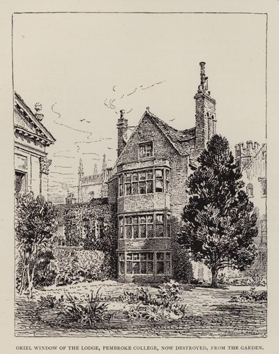 剑桥：彭布罗克学院小屋的 Oriel Window，现已被摧毁，来自花园（蚀刻版） 作者 英语学校