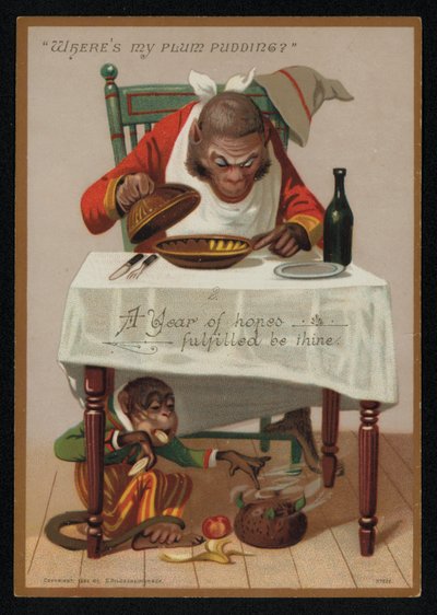 猴子和李子布丁的卡通，新年问候卡。(chromolitho) 作者 英语学校