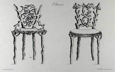 椅子，出自《怪诞建筑，或乡村娱乐》，作者威廉-赖特，1768年出版（雕刻）（黑白照片）。 作者 英语学校