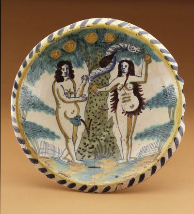 充电器以伊甸园中的亚当和夏娃的圣经故事为特色，c.1680（锡釉陶器） 作者 英语学校