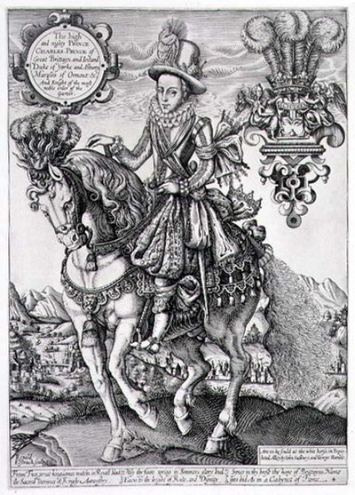 查理一世作为威尔士亲王在马背上，出自《王书》，由Renold Elstrack（1571-c.1630）1618年雕刻（雕刻）。 作者 英语学校