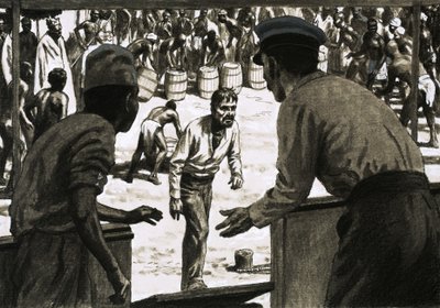 查尔斯·奥斯本（Charles Osborne）和斯托特船长（Stott）在沙滩上摆放了朗姆酒桶 作者 英语学校