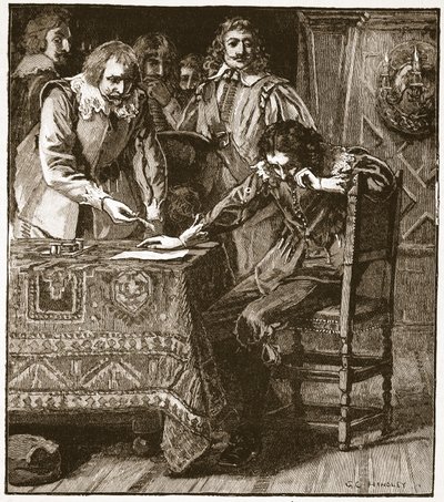 查尔斯签署同意委员会对Straffords Attainder，插图来自Cassells Illustrated History of England（sepia photo） 作者 英语学校